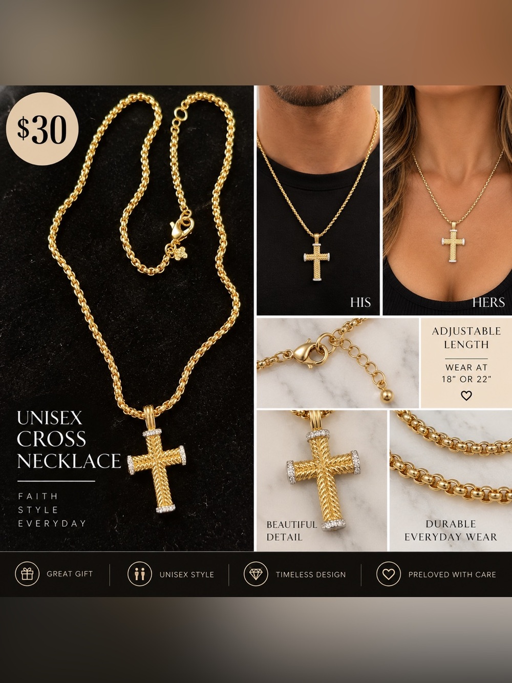 Unisex Gold Cross diamond, accent . Pendant Necklace - Elegant Rope Chain